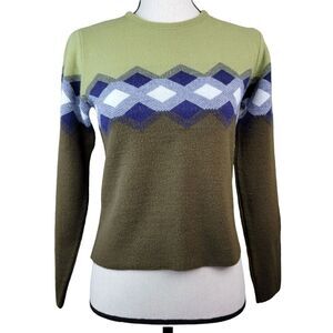 VTG 90s Y2K GAS Sweater Juniors Sz M Green Blue Brown Argyle‎ Preppy Grunge Crew